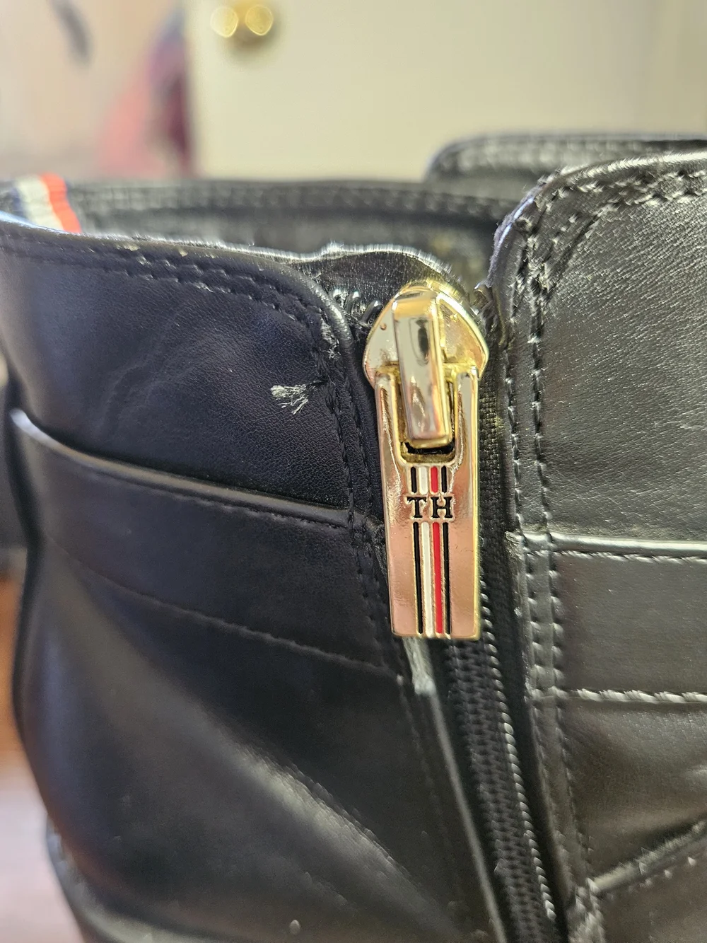 Tommy Hilfiger Black Leather Ankle Booties with Gold Logo Strap-Size 7